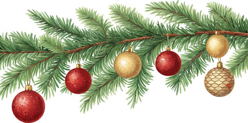 Realistic Fir Branch Christmas Ornament Border.