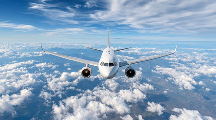 Fototapeta premium Aerial view of modern aircraft flying above fluffy clouds, showcasing its sleek design