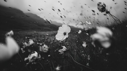 Black and white field with many flowers being blown strongly in a wind storm