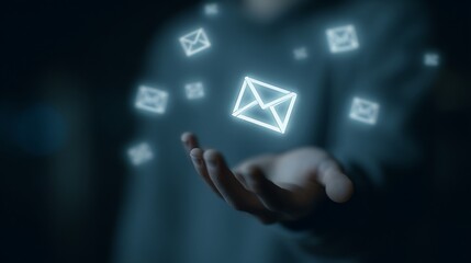 Email Marketing and Communication Concept: Glowing Envelope Icons Floating Above Open Hand