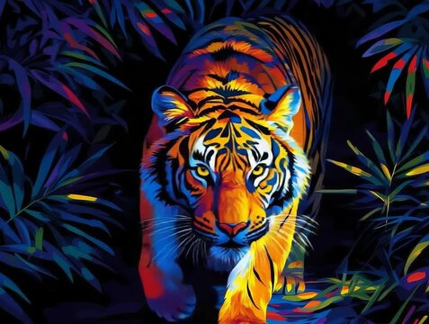 Vibrant Digital Art of a Tiger in a Lush, Colorful Jungle Setting