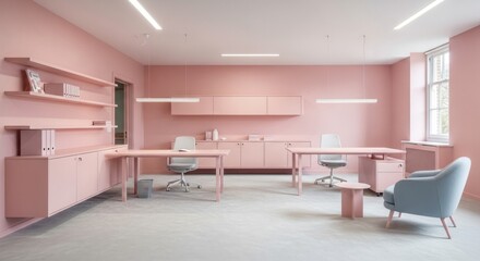 Discover an elegant pink office space designed for modern business, perfect for creative meetings and collaborative work, a stunning minimalist interior for your team's success
