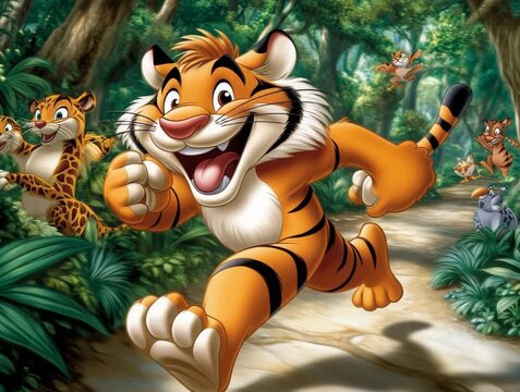 Cartoon Tiger Running Joyfully Through Forest, Other Animals Nearby