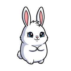 Fototapeta premium A charming, fluffy white cartoon rabbit with large, sparkling blue eyes, standing with its paws crossed and a sweet expression.