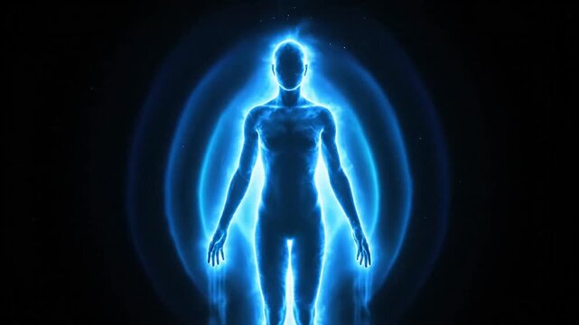 Glowing blue silhouette of a human figure standing in a dark room with radiant energy aura around body