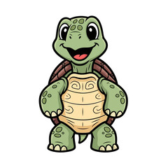 Obraz premium Cheerful green cartoon turtle mascot standing upright with a wide, friendly smile and a detailed brown shell.