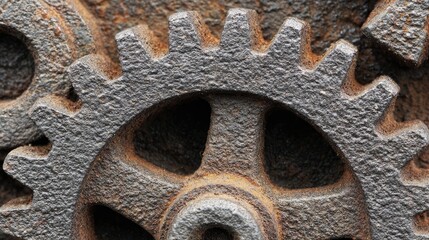 Close-up of intricately patterned gears with a dark, rusty patina.  Metal cogs interlock in a detailed mechanical display