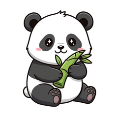 Cute sitting panda cub with sparkling eyes holding a bamboo stalk. Kawaii style animal illustration.