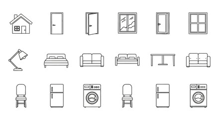 Minimalist black line art icon set of home furniture, appliances, and architectural elements.