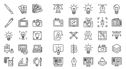 Vector graphic design and creative process icon set in a simple black outline style.