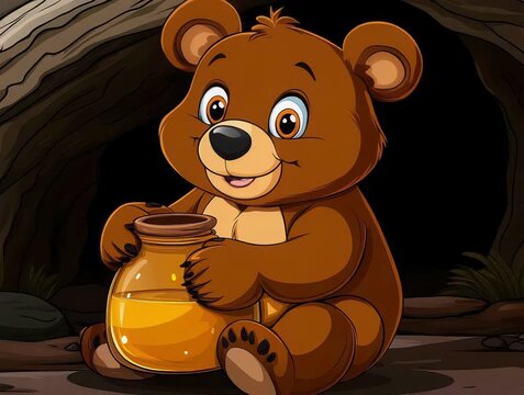 Cartoon Bear Smiling and Holding a Jar of Golden Honey
