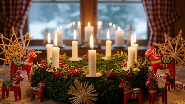 Traditional Swedish Christmas table setting with a candle wreath, Dala horses, and straw ornaments.