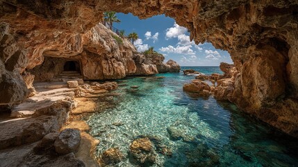 Fototapeta premium Ocean Cave Entrance with Turquoise Water and Blue Sky. Enchanting and Serene Coastal Scene.