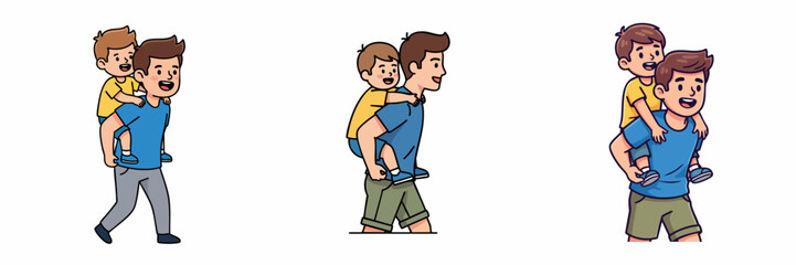 Cartoon Illustration of a Father Giving Piggyback Ride to His Son