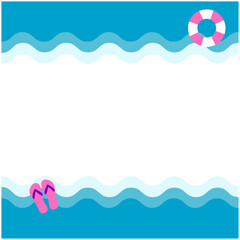 夏の海と波の背景イラスト ビーチサンダルと浮き輪付きデザイン