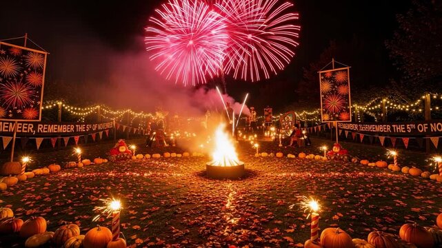 REMEMBER, REMEMBER THE 5TH OF NOVEMBER. Festive autumn night celebration with a large bonfire, exploding fireworks, and a circle of pumpkins.