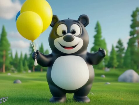 Cheerful Cartoon Character Bear with Balloons in a Sunny Meadow