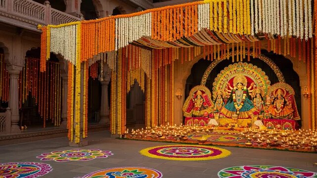 Beautifully decorated Durga Puja pandal with idols, colorful rangoli, and glowing diyas during a Hindu festival celebration.