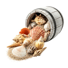 seashells and sand overflowing from wooden barrel summer vacation memories