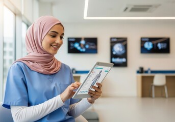 Female Muslim Healthcare Professional Using Digital Tablet for Patient Data Analysis