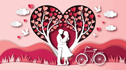 Romantic couple embracing under a heart-shaped tree with love symbols and flying doves romance