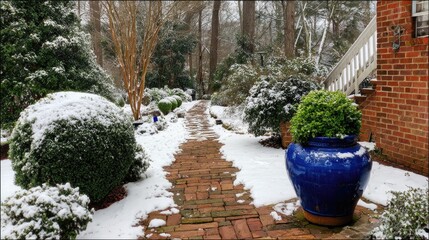 A snow-covered garden path winds through a winter landscape. 