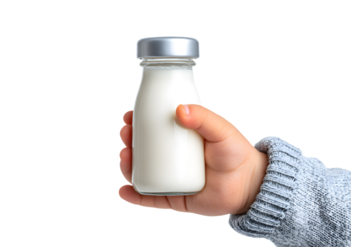 Baby's hand holding a milk bottle Isolated on transparent or white Background, top view, close up