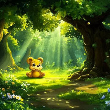 Animated Teddy Bear in a Sunny Forest Clearing with Greenery