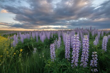 Obraz premium Vast field of purple lupine flowers under a dramatic cloudy sky