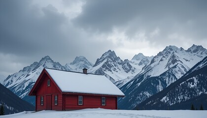 Idyllic red cabin nestled in a snowy mountain valley under a dramatic cloudy winter sky