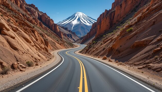 Scenic highway winds through rocky desert canyon towards majestic snow capped mountain peak