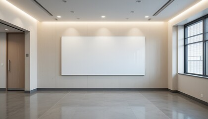 An interior design showcases a blank white canvas in modern, minimalist, spacious gallery.