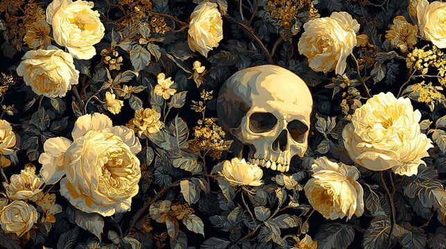 Detailed floral still life with a skull.