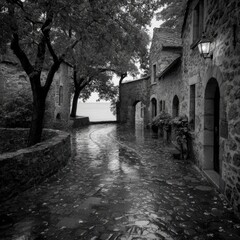 Fototapeta premium Rainy alleyway, stone buildings, and trees