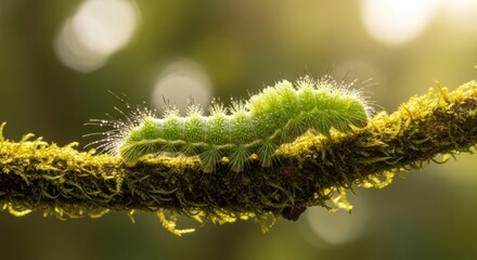 Fototapeta premium Vibrant Green Hairy Caterpillar Crawling on Mossy Branch with Backlit Bokeh