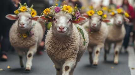 Floral-crowned sheep race through city street festival