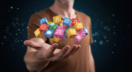 Digital Ecosystem: A person holding a cascade of vibrant application icons symbolizing the digital realm, the essence of digital accessibility, and effortless content organization.