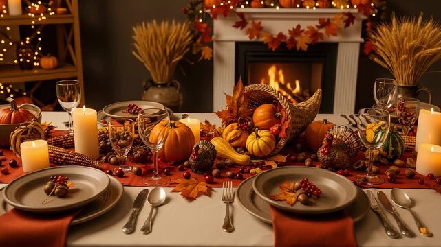 Festive Thanksgiving dinner table setting with cornucopia centerpiece. Cozy autumn holiday celebration with fireplace and candles. Traditional fall harvest feast.