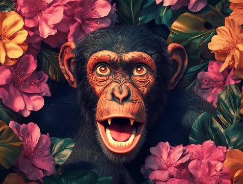 Chimpanzee Amidst Vibrant Floral Bloom in the Jungle