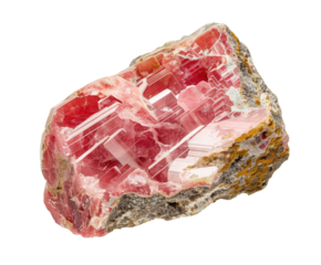 Close-up of a cluster of pink crystals embedded in a rock matrix