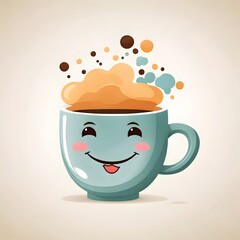 Joyful cartoon coffee cup with happy face and swirling foam, perfect for cafe promotions.