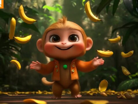 Cheerful Cartoon Monkey Reaching Out for Falling Bananas