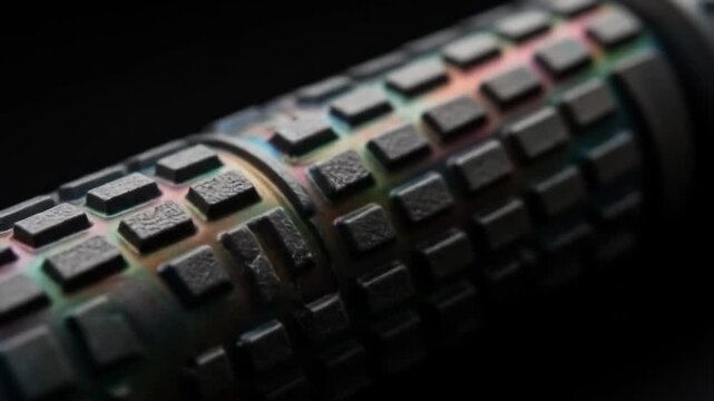 Close up shot of a textured black rubber grip with a pattern of raised rectangular blocks on a dark background