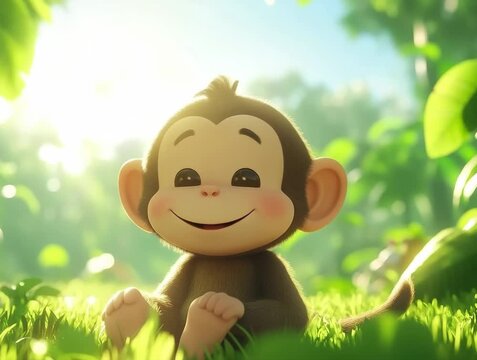 Cartoon Monkey Smiling in a Lush Green Forest Setting