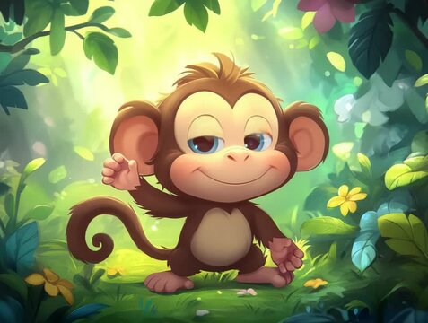 Cheerful Cartoon Monkey in Lush Jungle Environment, Smiling and Waving