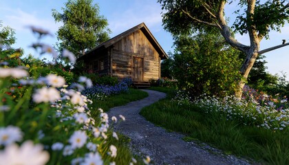 Rustic wooden cottage nestled in a vibrant flower-filled meadow at sunrise