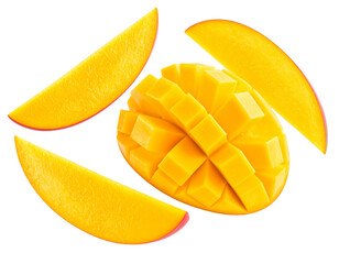 Levitation of Mango Fruit with Diagonal Cut Segments, isolated on transparent background png