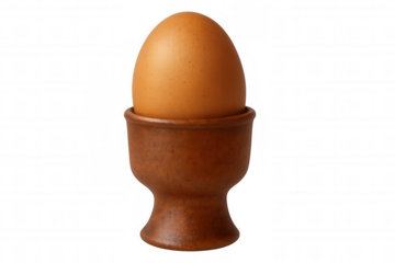 Brown chicken egg standing upright in a rustic wooden egg cup, isolated on a transparent background, ready for breakfast
