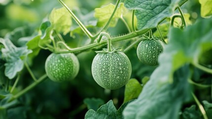 Fototapeta premium Fresh Green Cantaloupe Fruits on Vines in Garden