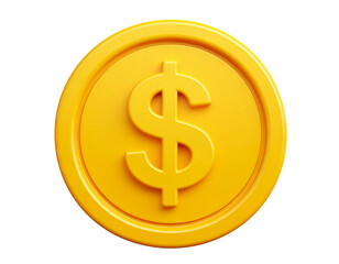  Glossy Gold Dollar Coin 3D Icon in Cartoon Plastic Style, isolated on transparent background PNG